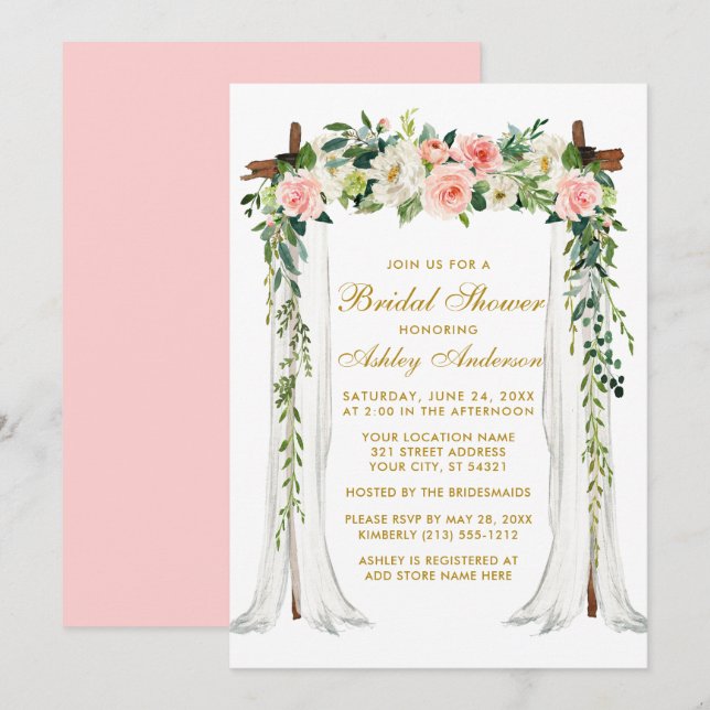 Invitation Fête des mariées Aquarelle Florale Canopée Or rose (Devant / Derrière)