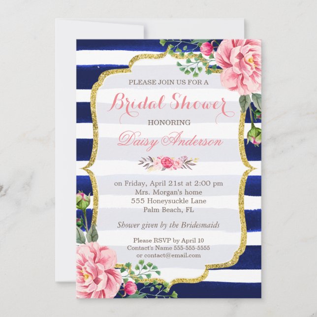 Invitation Fête des mariées Aquarelle Florale Marine Bleu Ray (Devant)