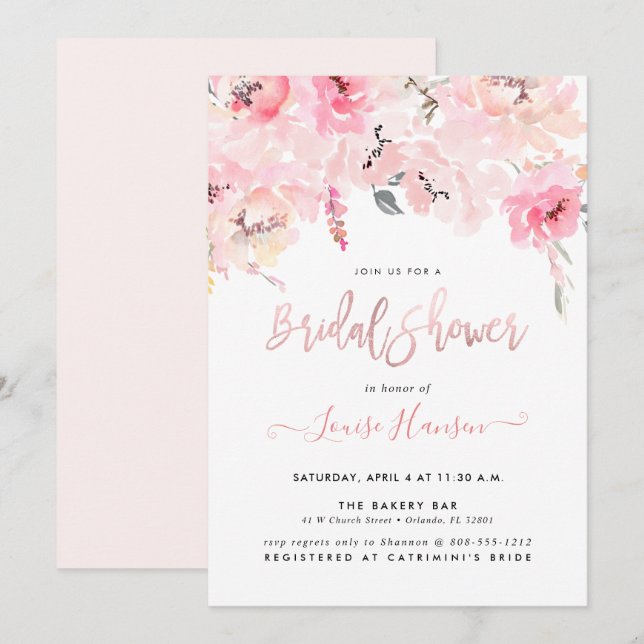 Invitation Fête des mariées, Aquarelle Peonies rose pâle (Devant / Derrière)