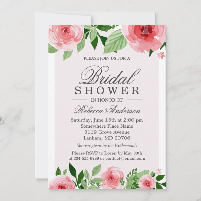 Invitation Fête des mariées Aquarelle Rose Fleurs Botanique (Devant)