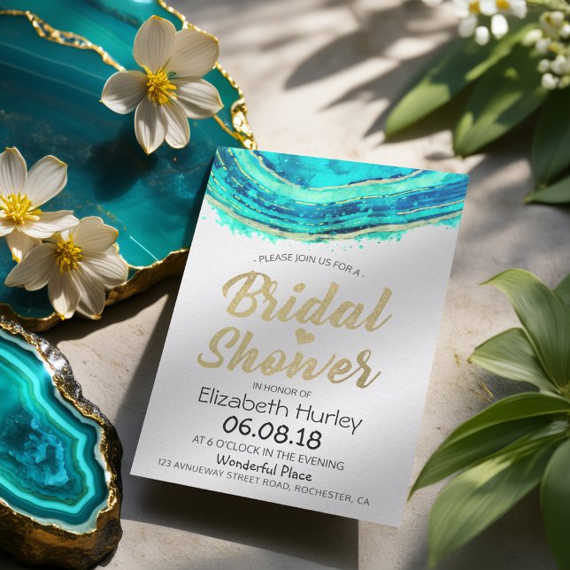 Invitation Fête des mariées Aquarelle Turquoise et Gold Géode (Créateur téléchargé)