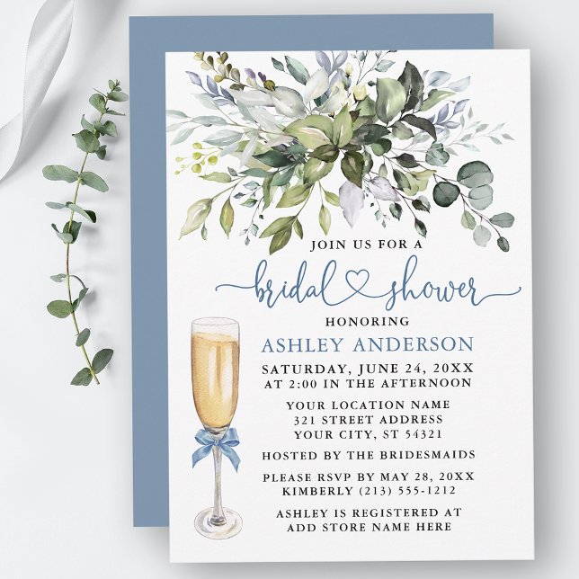 Invitation Fête des mariées Aquarelle Verdure Dusty Blue Hear (Customize to change your personalized text color, text style or color of back of card.)