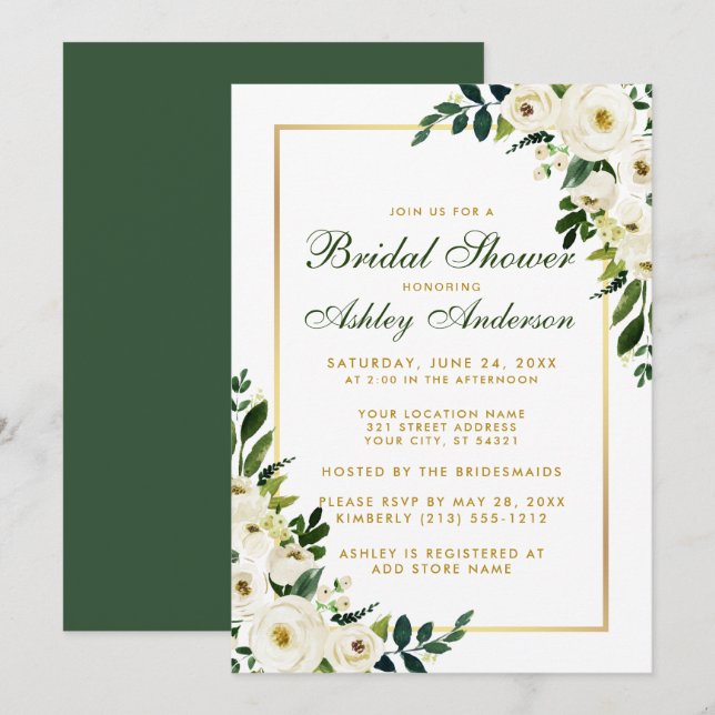 Invitation Fête des mariées Aquarelle Vert Floral Or Invitati (Devant / Derrière)