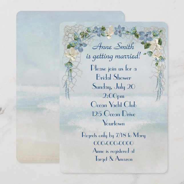 Invitation Fête des mariées Arche Florale Sur Aquarelle Océan (Devant / Derrière)