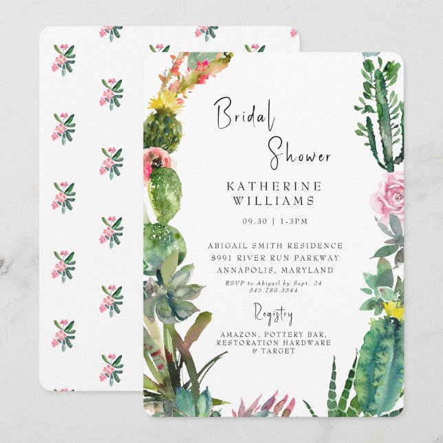 Invitation Fête des mariées arrondie blanche de Cactus tropic (Devant / Derrière)