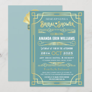 Invitation Fête des mariées Art Déco Elégant or Turquoise