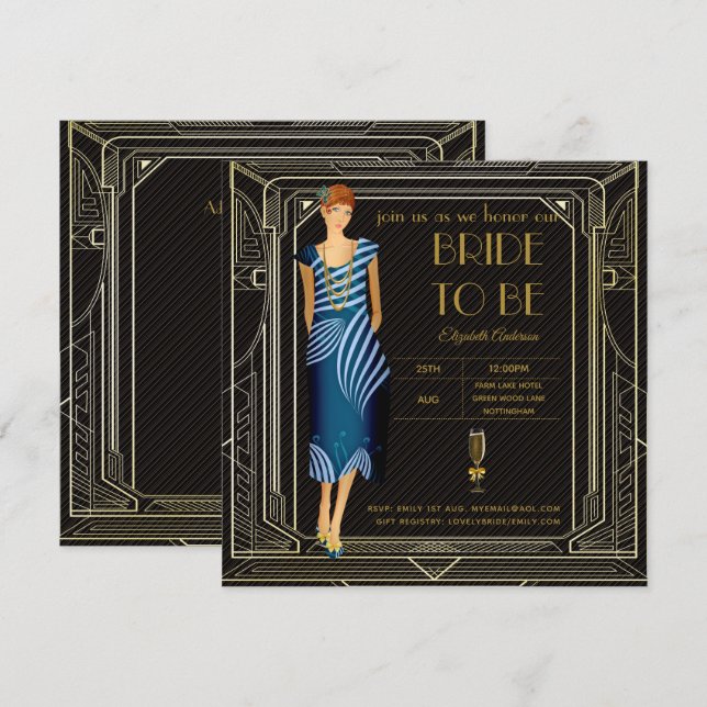 Invitation Fête des mariées Art Déco Flapper Roaring 20's (Devant / Derrière)