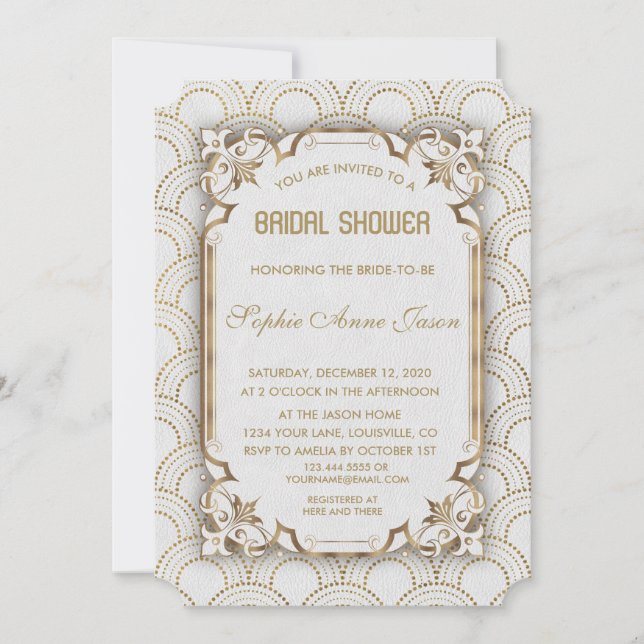 Invitation Fête des mariées Art Déco White Gold Great Gatsby (Devant)