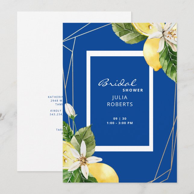 Invitation Fête des mariées aux citrons bleu et jaune méditer (Devant / Derrière)