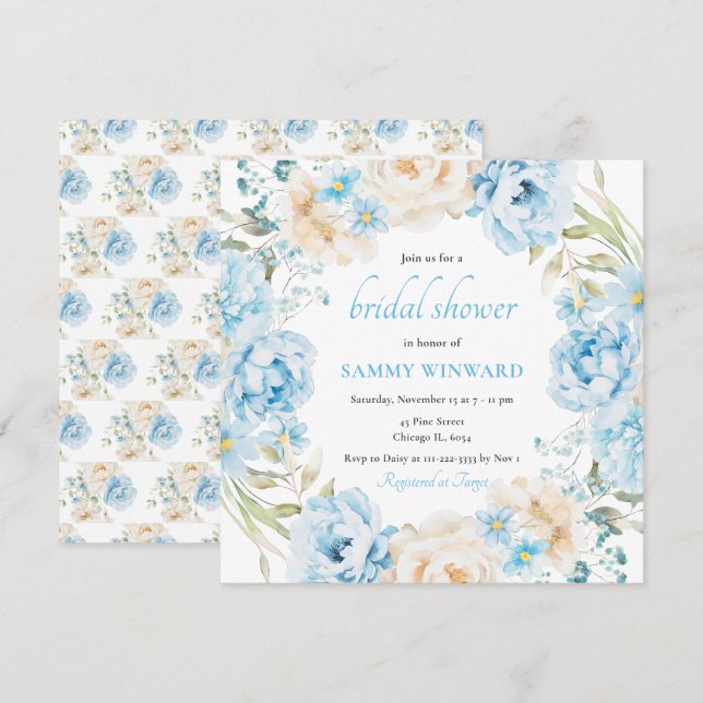 Invitation Fête des mariées aux fleurs de pivoines bleues et  (Devant / Derrière)