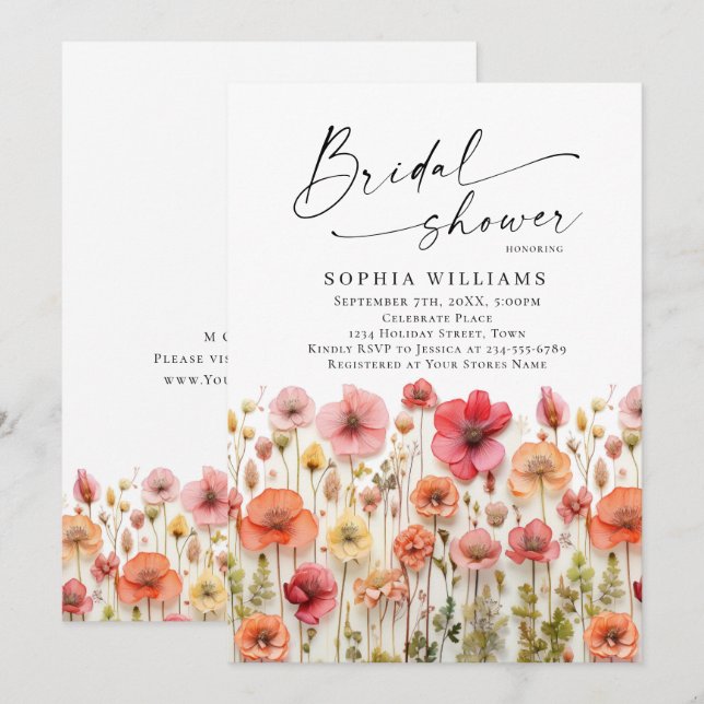 Invitation Fête des mariées aux fleurs sauvages du Boho rose  (Devant / Derrière)