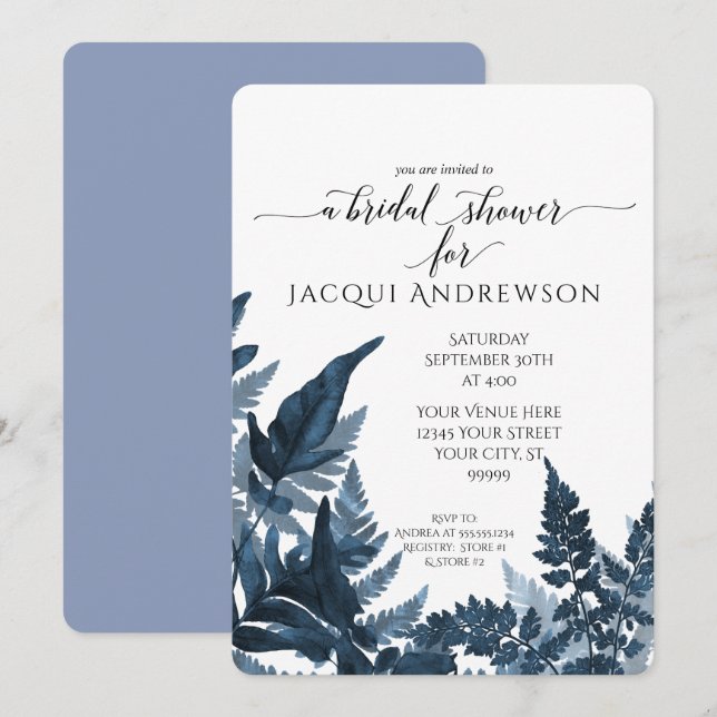 Invitation Fête des mariées Azure Blue Fern Foliage Botanique (Devant / Derrière)