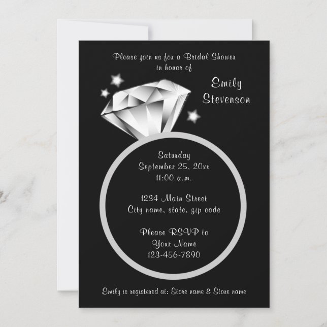 Invitation Fête des mariées bague en diamant noir et blanc (Devant)