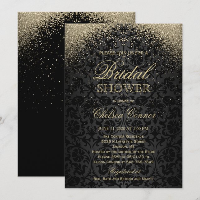 Invitation Fête des mariées - Black Damask et Parties scintil (Devant / Derrière)