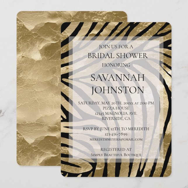 Invitation Fête des mariées Black Gold Zebra (Devant / Derrière)