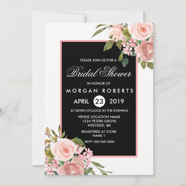Invitation Fête des mariées Black White Rose Gold Flowers (Devant)