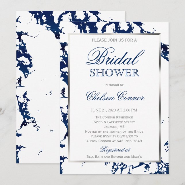 Invitation Fête des mariées - Blanc, Marbre Bleu Marine & Arg (Devant / Derrière)