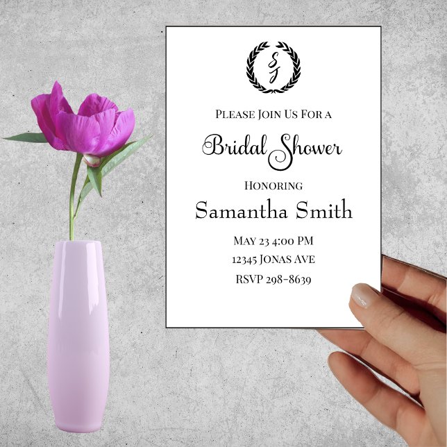 Invitation Fête des mariées blanche de monogramme noir élégan (Créateur téléchargé)