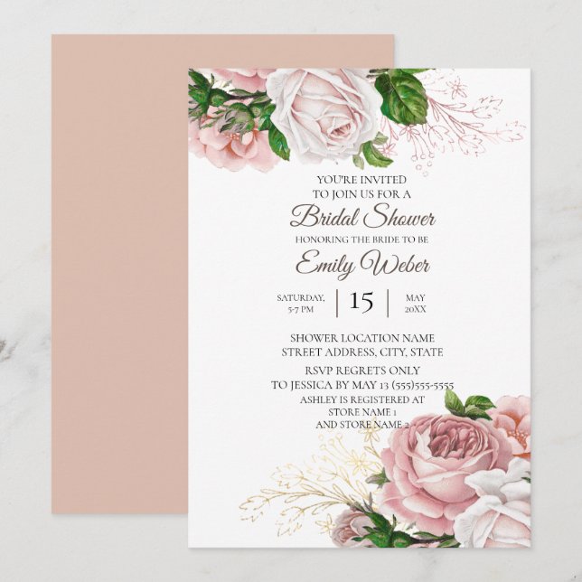 Invitation Fête des mariées blanche Rose rose pâle (Devant / Derrière)