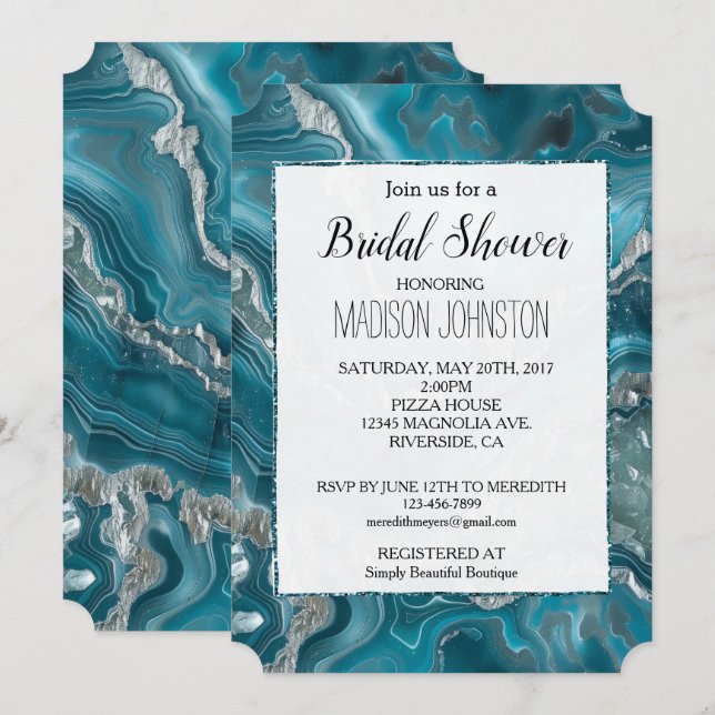 Invitation Fête des mariées bleu cristal Turquoise argenté (Devant / Derrière)