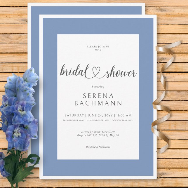 Invitation Fête des mariées bleu et blanc romantique moderne (Modern Romantic Blue & White Bridal Shower Invitation)