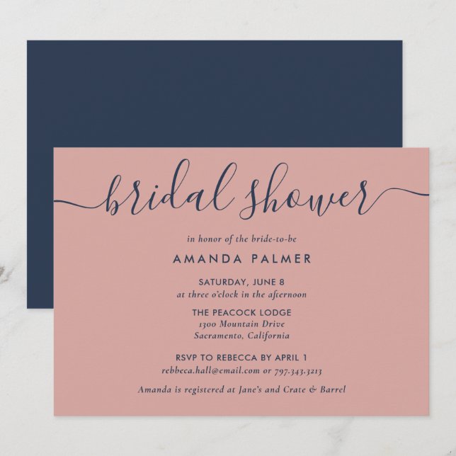 Invitation Fête des mariées bleu et bleu marine (Devant / Derrière)