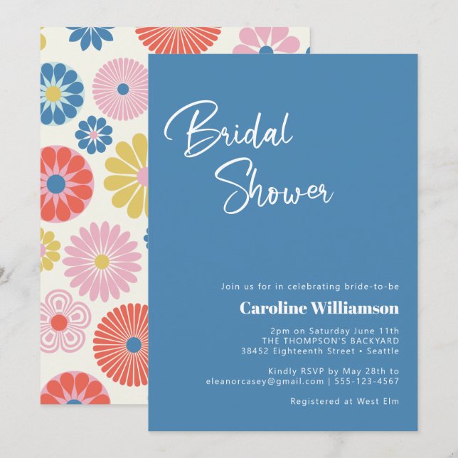 Invitation Fête des mariées bleu fleur Boho scandinave (Devant / Derrière)