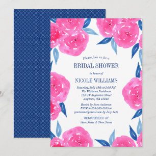 Invitation Fête des mariées bleu marine Aquarelle rose