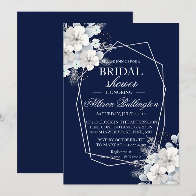 Invitation Fête des mariées bleu marine sakura à fleurs blanc (Devant / Derrière)