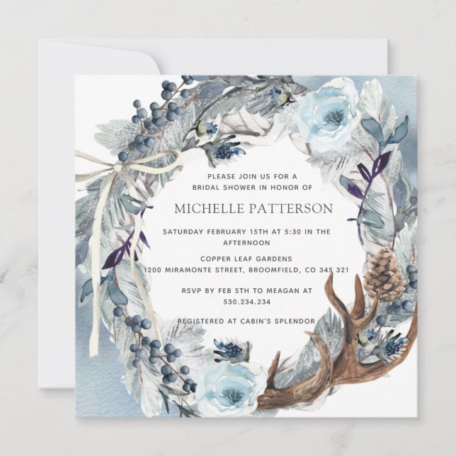Invitation Fête des mariées bleu rustique Floral Aquarelle Wr (Devant)