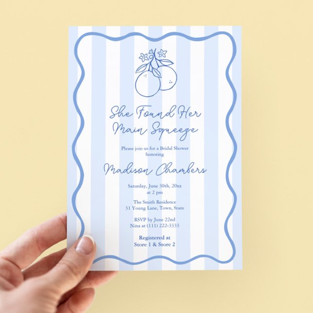 Invitation Fête des mariées Bleue Bleue Bleue Bleue Bleue Méd (Italian bridal shower invitation with wavy squiggle border & hand drawn oranges citrus illustration)