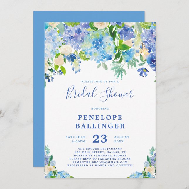 Invitation Fête des mariées Blue Hydrangeas (Devant / Derrière)