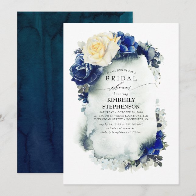 Invitation Fête des mariées bohème bleu et jaune de la marine (Devant / Derrière)