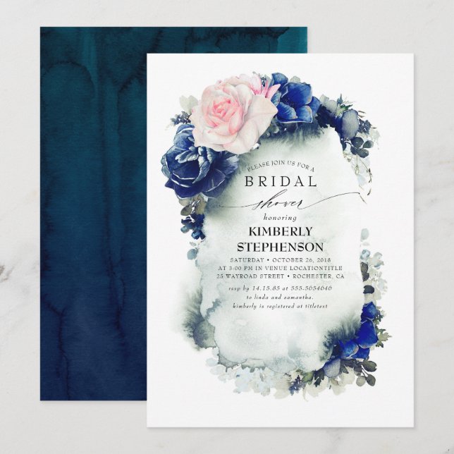 Invitation Fête des mariées bohème florale bleue marine et ro (Devant / Derrière)