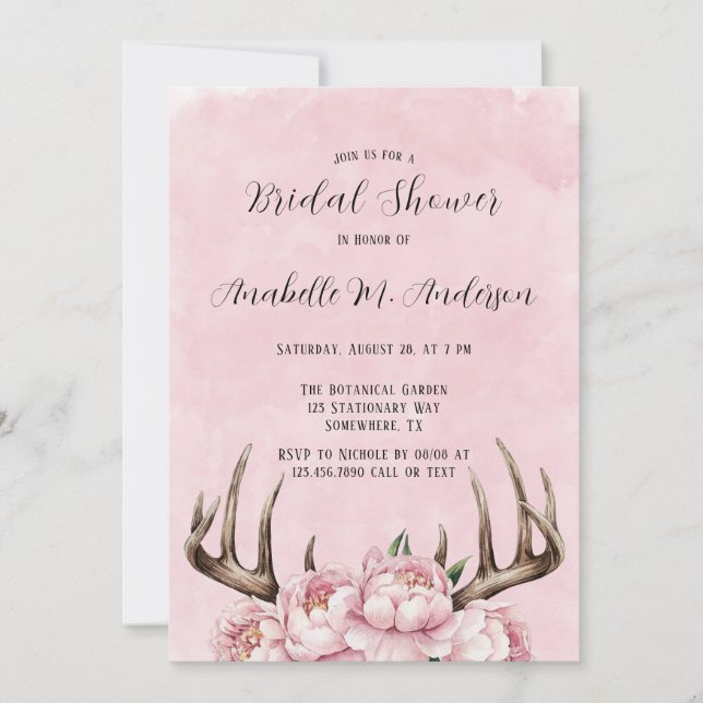Invitation Fête des mariées Boho Antler et Pink Peonies (Devant)