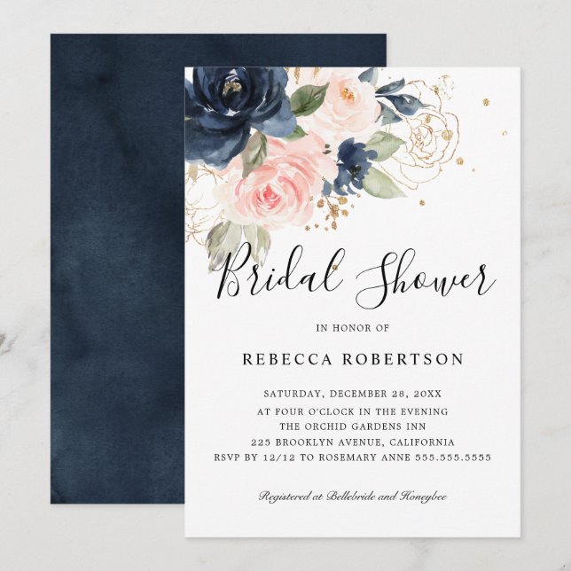 Invitation Fête des mariées Boho bleu bleu bleu rose marine (Devant / Derrière)