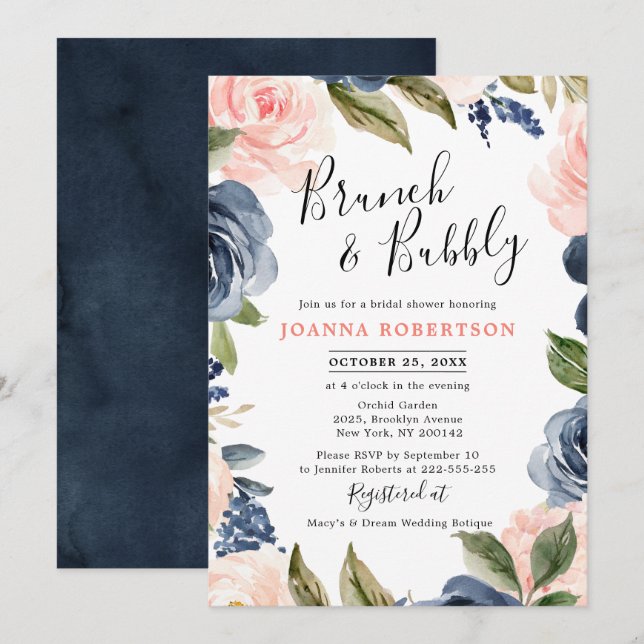 Invitation Fête des mariées Boho bleu bleu bleu rose marine (Devant / Derrière)