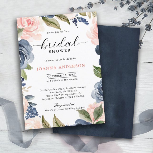 Invitation Fête des mariées Boho bleu bleu bleu rose marine (Navy blue blush pink bridal shower invitation)