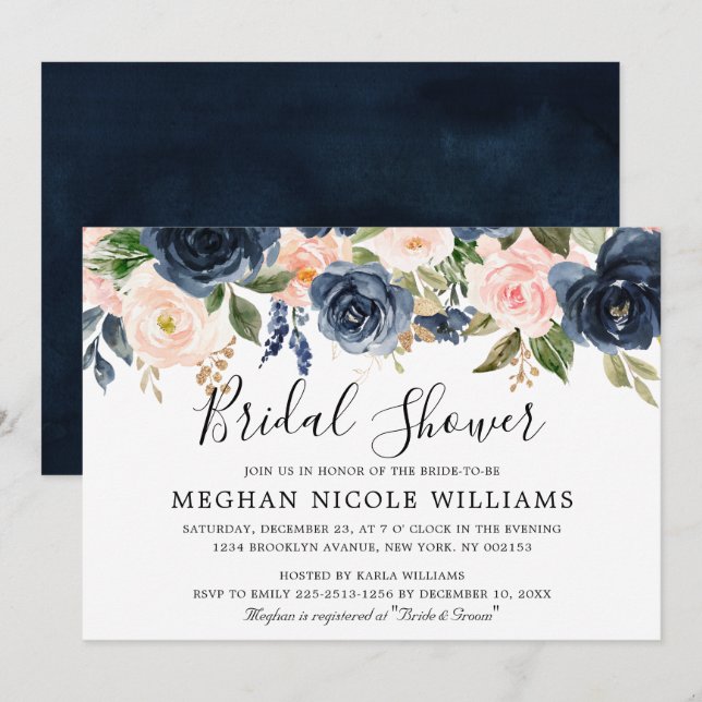 Invitation Fête des mariées Boho bleu bleu bleu rose marine (Devant / Derrière)