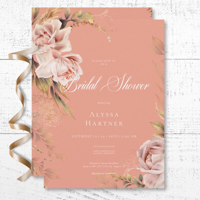 Invitation Fête des mariées Boho Blush Roses & Grasses (Boho Blush Roses & Grasses Bridal Shower Invitation)