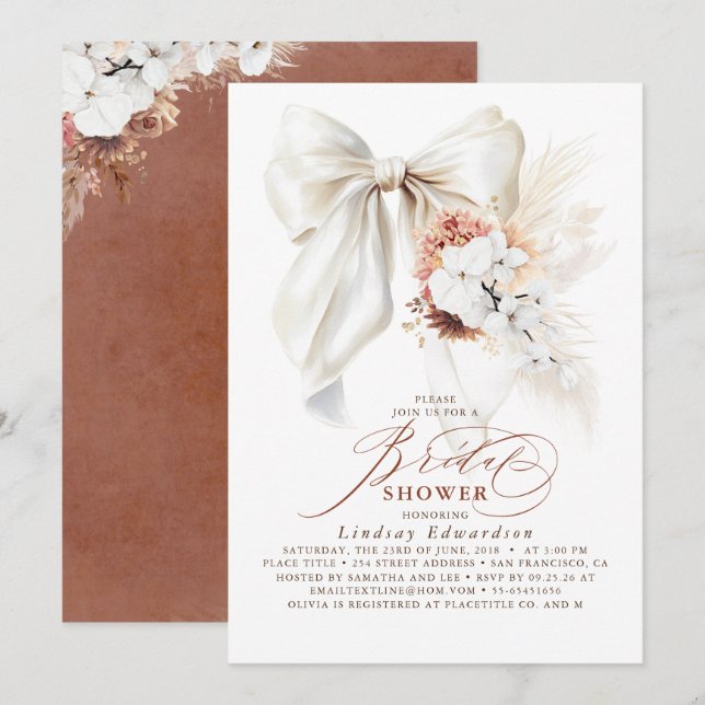 Invitation Fête des mariées Boho Bow Floral Terracotta Blanc (Devant / Derrière)