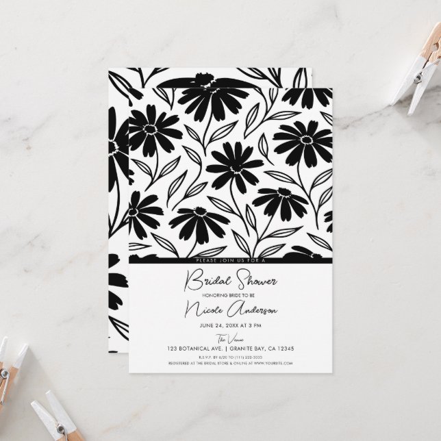 Invitation Fête des mariées Boho de marguerites d'encre noire (Devant/Arrière en situation)