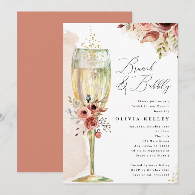 Invitation Fête des mariées Boho en verre de champagne Brunch (Devant / Derrière)