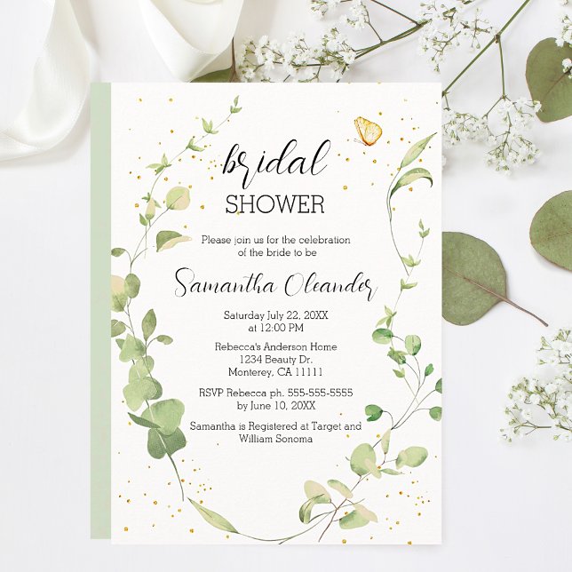 Invitation Fête des mariées Boho Eucalyptus Green (Elegant Eucalyptus Greenery with Gold Sparkles and Butterfly Bridal Shower Invitations.)