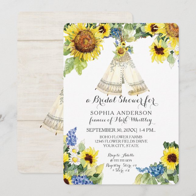 Invitation Fête des mariées BOHO Floral Teepee Sunflower Dais (Devant / Derrière)
