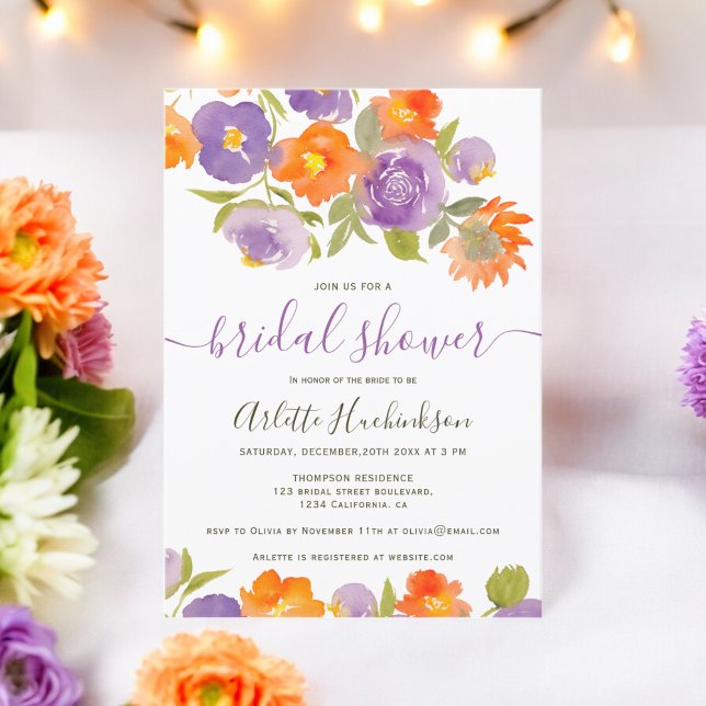 Invitation Fête des mariées Boho Floral violet d'été (Summer Purple Orange Floral Boho Bridal Shower Invitation)