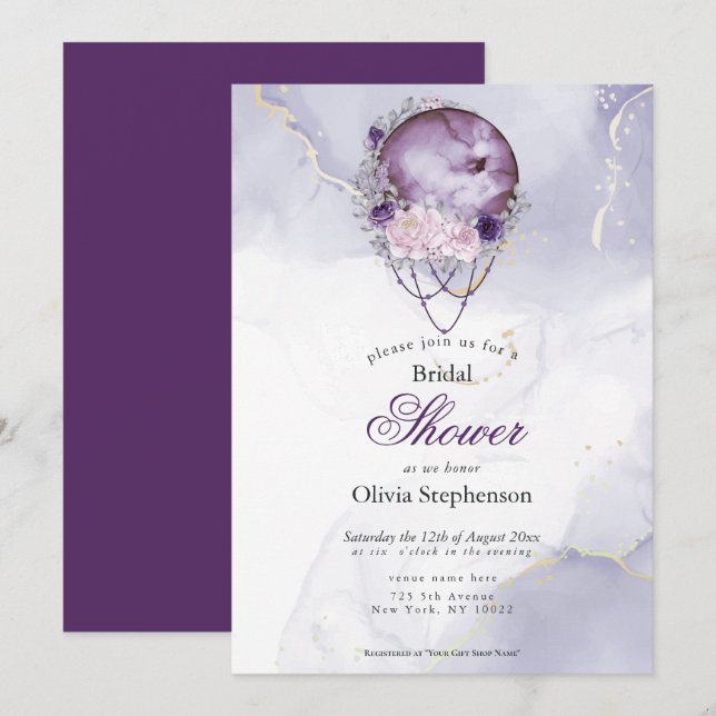 Invitation Fête des mariées Boho Pleine lune Amethyst Maroon (Devant / Derrière)
