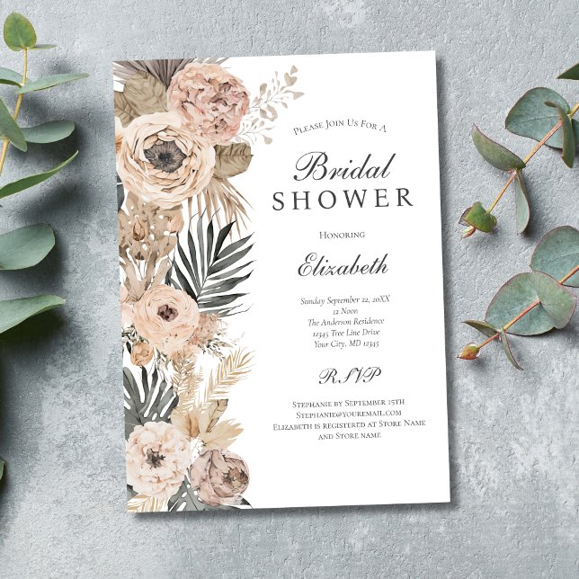 Invitation Fête des mariées Boho rose pâle (Blush Pink Beige Gray Floral Botanical Boho Bridal Shower Invitation. Printed and  Digital download)