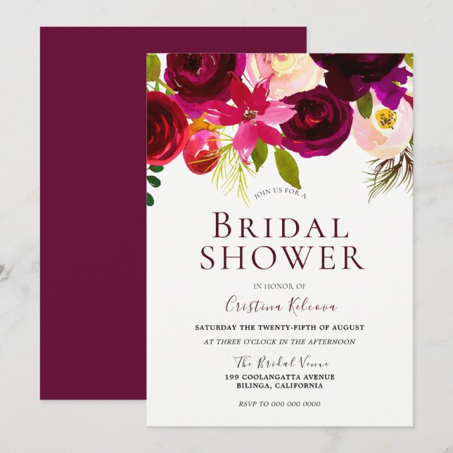 Invitation Fête des mariées boho rouge bourguignon moderne (Devant / Derrière)