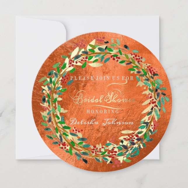 Invitation Fête des mariées Bois Orange Floral Vert Or (Devant)